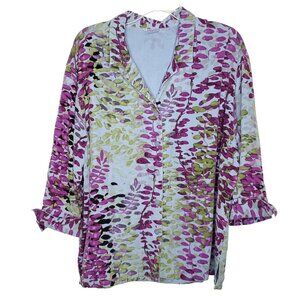 Tianello Garment Dyed Abstract Floral Top L Blue Purple Button Up Tencel Artsy